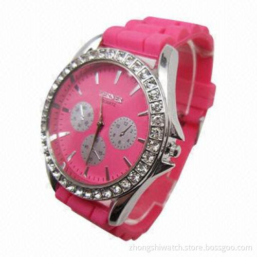 Luxury Fashionable Unisex Wristwatch with Alloy Case, Crystals Bezel and Silicone Band